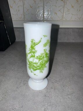 Vintage Avon Milk Glass Pedestal Mug Green Toile Victorian Scene Footed Cup